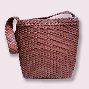 Falor Italian Leather Brown Woven Bucket Bag